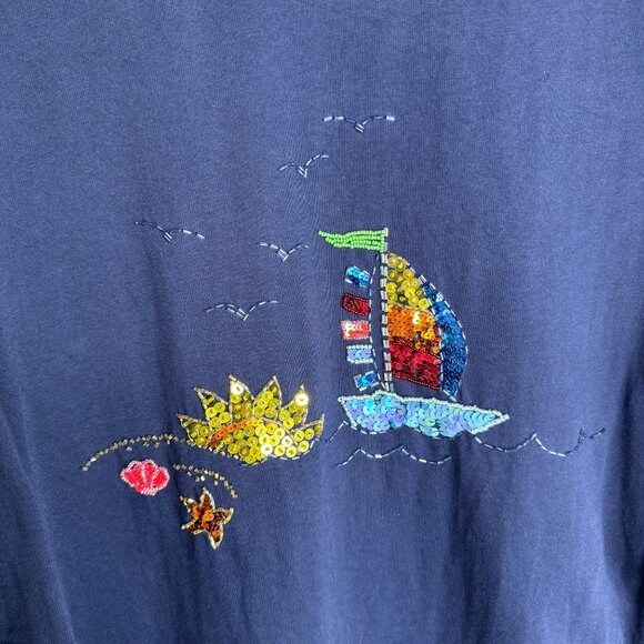 Quacker Factory Womens XL Sailboat Nautical Sequin Embellished 3/4 Sleeve Top - Picture 2 of 6